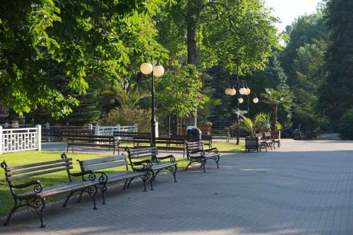 un groupe de bancs de parc assis dans un parc dans l'établissement Apartament przy deptaku i Parku Zdrojowym - Polanica Zdrój, à Polanica-Zdrój
