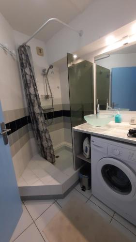 een badkamer met een wasmachine en een wastafel bij SaintCyp in Saint-Cyprien