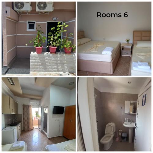 three pictures of a room with beds and a bathroom at Bar Restorant Hotel Altini in Vlorë