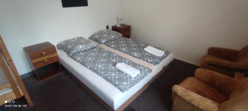 a bedroom with a bed and a chair at Penzion Diana in Železná Ruda