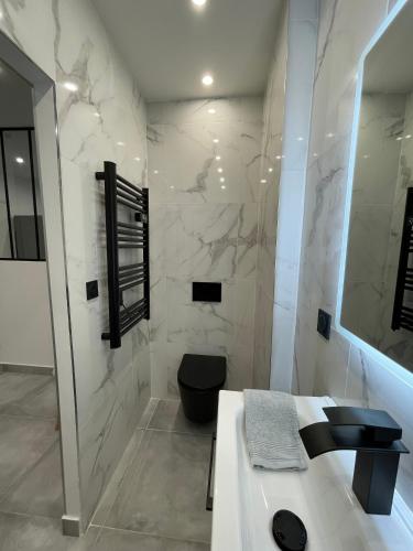 une salle de bain avec une douche, un lavabo et des toilettes dans l'établissement Marseille : Appartement T2 avec terrasse, à Marseille