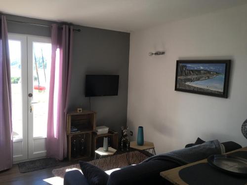 un salon avec un canapé et une télévision dans l'établissement Les Mouettes, à moins de 50 Métres de la plage, à Veulettes-sur-Mer