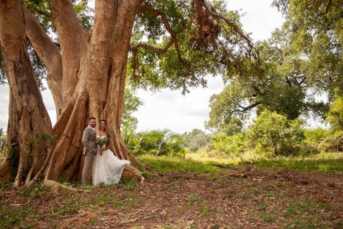 a bride and groom standing next to a tree at Karongwe - Becks Safari Lodge in Hoedspruit