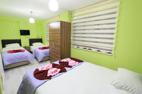 two beds in a room with green walls at Yıldız Pansiyon in Amasra