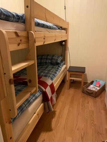 a bedroom with two bunk beds and a wooden floor at Hytte i nydelige Jotunhemen - rett ved Besseggen in Randsverk
