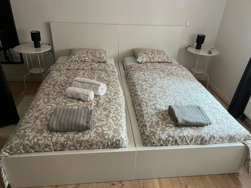 dwa łóżka siedzące obok siebie w pokoju w obiekcie 4 STARS ROOMS Near Airport w mieście Ščitarjevo