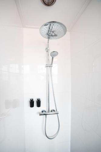 a shower in a bathroom with a shower head at The Lion King - 6 Person linked apartment with roof terrace in Groningen