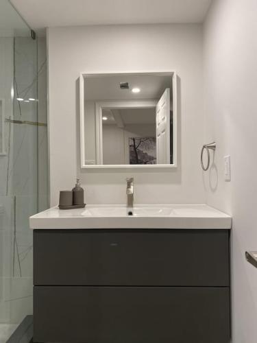 a bathroom with a sink and a mirror at Luxurious and Spacious Apartment with 2 bedrooms and 2 Baths in Mississauga