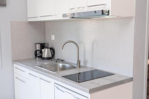 a kitchen with a stainless steel sink and white cabinets at Mary's Studios & Apartment in Sami