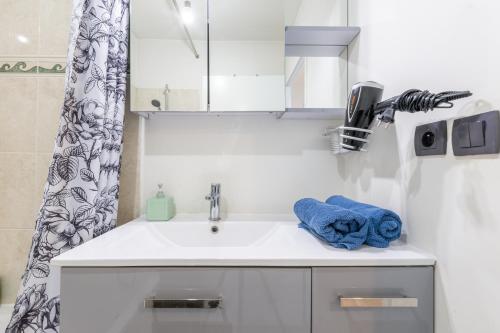 ブシー・サン ・ジョルジュにあるFamily Travel Parisのバスルーム(ブルータオル付きのシンク)