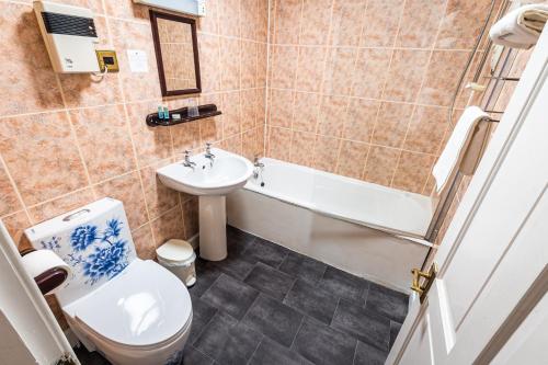 a bathroom with a toilet and a sink and a tub at Grampian Hotel in Perth