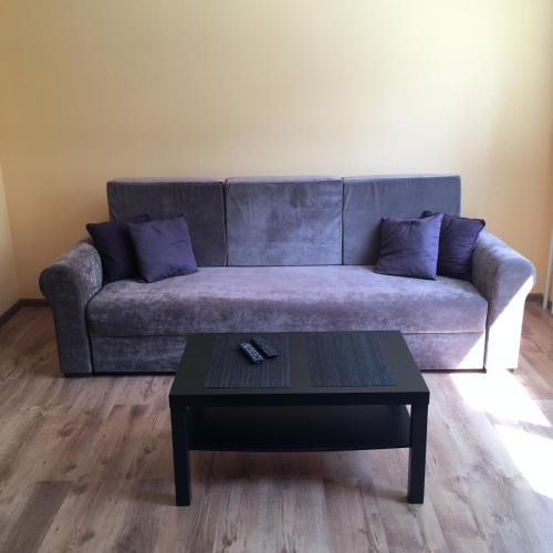 a living room with a couch and a coffee table at Apartment near the seaside in Jūrmala