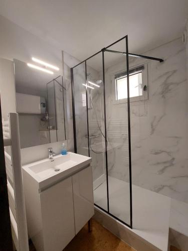 une salle de bain blanche avec une douche et un lavabo dans l'établissement appartement T2 cabine en RDC avec terrasse, à Saint-Lary-Soulan