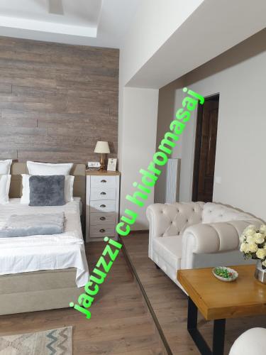 a room with a bed and a couch and a table at ELEGANT ROOMS - ULTRACENTRAL - jacuzzi cu hidromasaj in Oradea