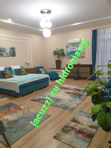 a living room with a bed and rugs on the floor at IMPERIAL ROOMS - ULTRACENTRAL - jacuzzi cu hidromasaj in Oradea