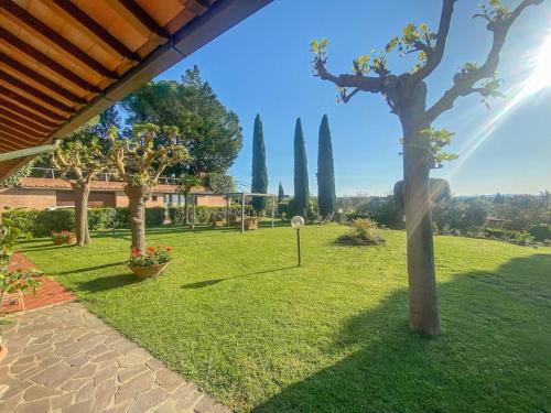 Blick auf einen Garten mit Bäumen und einem Basketballkorb in der Unterkunft Casa vacanze Gemma Toscana in Capannoli