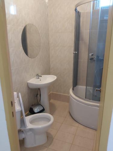 a bathroom with a toilet and a sink and a shower at Cazare Alfredo in Craiova