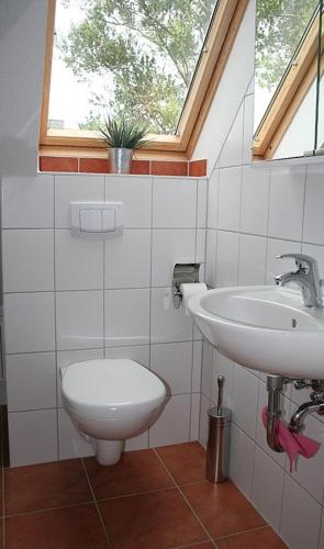 a bathroom with a sink and a toilet at See in Sicht in Sternberg