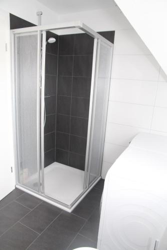 a shower in a bathroom with a glass door at Ankerplatz in Greetsiel