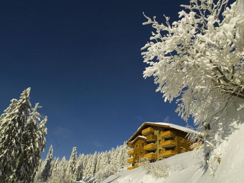 a building covered in snow next to a tree at CGH Résidences & Spas Le Hameau Du Beaufortain in Les Saisies