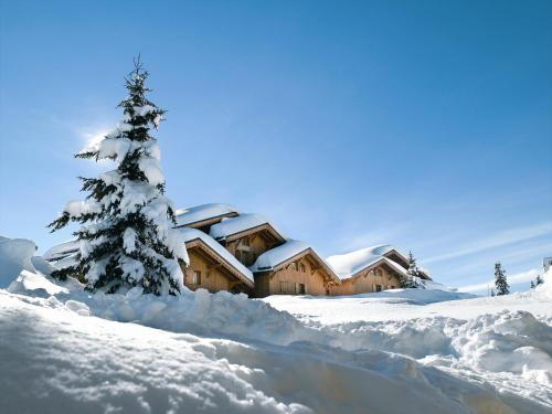 a house in the snow with a christmas tree at CGH Résidences & Spas Le Hameau Du Beaufortain in Les Saisies