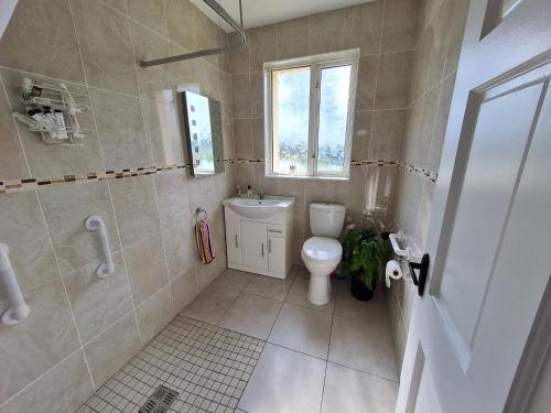 baño con aseo y ventana en Farnaught Farmhouse Apartment, Lough Rynn, Mohill en Farnaght