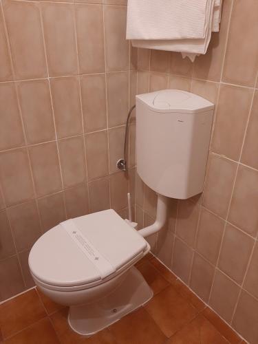 a bathroom with a white toilet in a room at Hotel Cucciolo in Donoratico