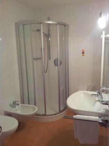 a bathroom with a shower and a sink and a toilet at Appartements Pohuibe in Anterselva di Mezzo