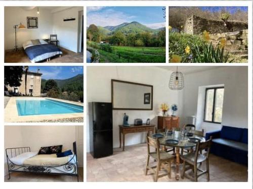 a collage of pictures of a house with a pool at Le Gîte - La Ferme du Pouget in Saint-Jean-du-Gard