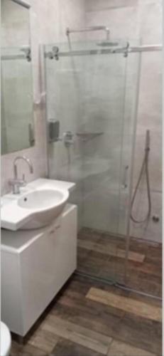 a bathroom with a sink and a glass shower at Cozy apartment in the center of Belgrade - living room, bedroom and bathroom in Belgrade