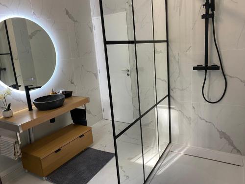 a shower with a glass door in a bathroom at Oak'Wood in La Queue-lès-Yvelines