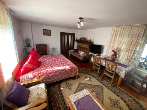 ハツェグにあるCasa Otiliaのベッドルーム1室(ベッド1台、テーブル、椅子付)
