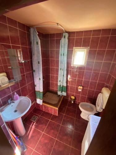 a red tiled bathroom with a toilet and a sink at Casa Otilia in Haţeg