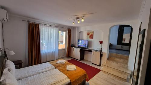 1 dormitorio con 1 cama y TV en una habitación en Villa Parc, en Cluj-Napoca