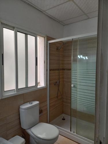 a bathroom with a toilet and a glass shower at habitación en el centro in Santa Cruz de Tenerife