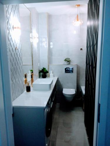 a bathroom with a white sink and a toilet at Apartament z widokiem Łańcut in Łańcut