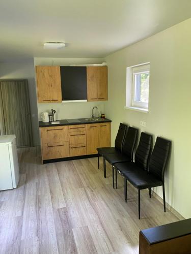 a living room with two chairs and a kitchen at Atpūtas Namiņš pie jūras Saulkrasti in Saulkrasti