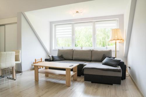 a living room with a couch and a table at Apartamenty Zdrój in Polanica-Zdrój