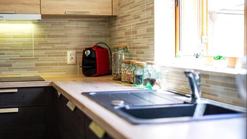 eine Küchentheke mit Spüle und Fenster in der Unterkunft Villa Girassol - By Dalma Portuguesa in Olhos de Água