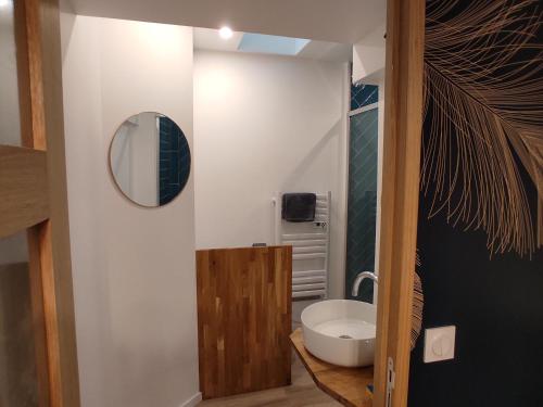 a bathroom with a sink and a mirror at Gites les Pourquoi Pas - Résidence de Tourisme DSV Bayeux in Bayeux