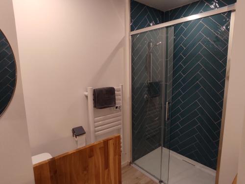 a bathroom with a shower with a glass door at Gites les Pourquoi Pas - Résidence de Tourisme DSV Bayeux in Bayeux