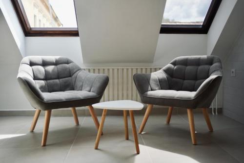 two chairs and a coffee table in a room at Ubytování U Pivovaru in Kamenice nad Lipou