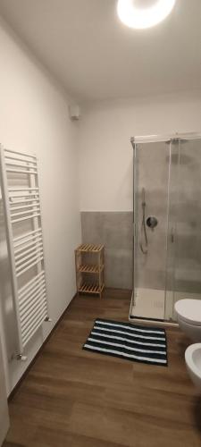 uma casa de banho com um chuveiro, um lavatório e um WC. em Agriturismo Ca' du Nibile di Bove Gabriele em Carbuta