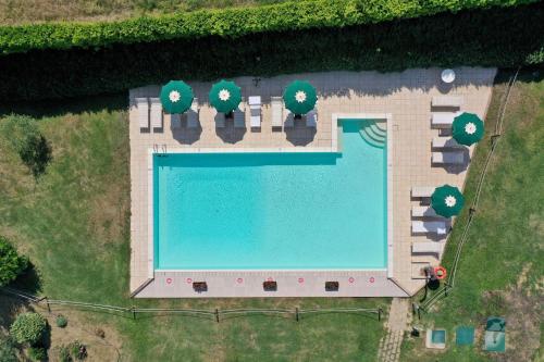 an overhead view of a large swimming pool with trees at Fieno in SantʼAppiano