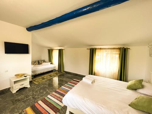 a bedroom with two beds and a tv on the wall at La Konac in Murighiol