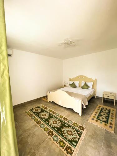 a bedroom with a bed and a rug at La Konac in Murighiol