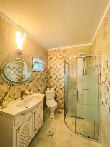 a bathroom with a toilet and a sink and a shower at La Konac in Murighiol