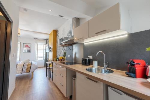 a kitchen with a sink and a counter top at Cosy Apparts Saintes in Saintes