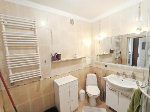a bathroom with a white toilet and a sink at Apartament na Srebrnej in Olsztyn