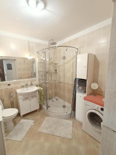 een badkamer met een douche, een toilet en een wastafel bij Apartament na Srebrnej in Olsztyn